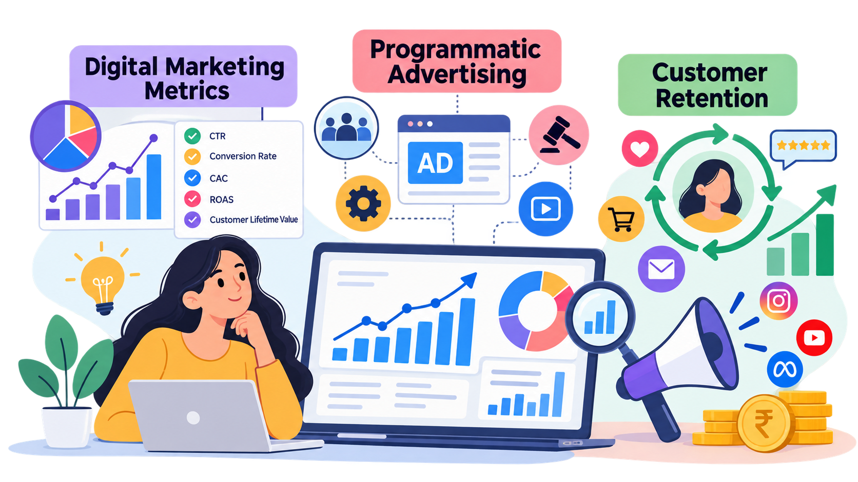Clipart illustration of digital marketing metrics, programmatic advertising, and customer retention