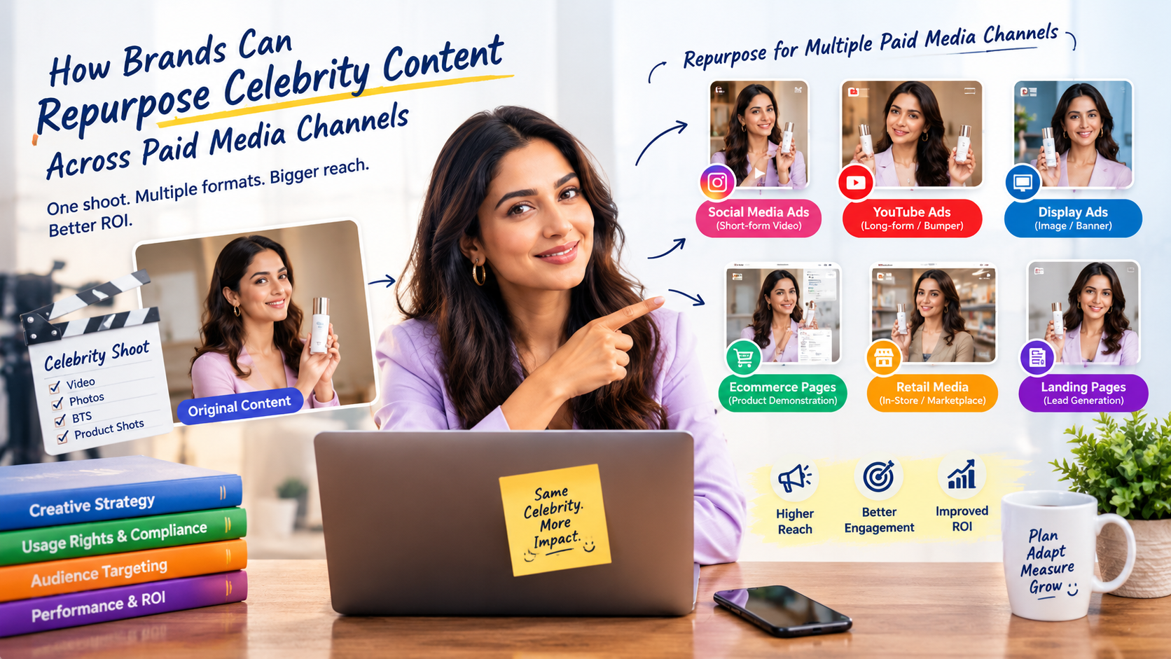 Illustration showing how brands can repurpose celebrity content across paid media channels, including social media ads, YouTube ads, display ads, ecommerce pages, retail media, and landing pages.