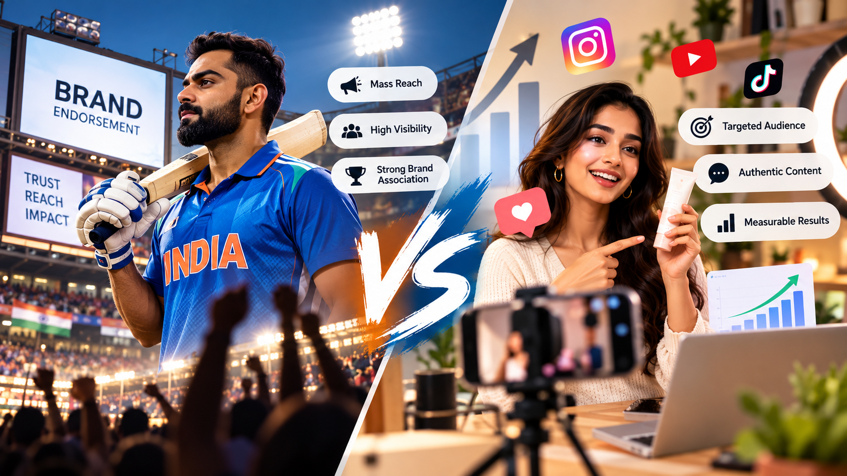 Cricket star endorsement versus digital creator marketing in India, comparing brand reach, audience targeting, and measurable results