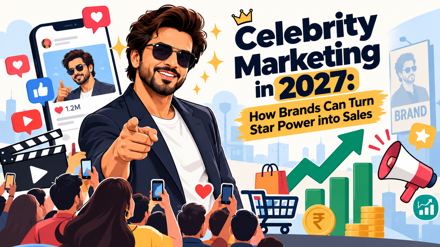 Celebrity marketing in 2027 illustrating celebrity endorsements, social media engagement and brand sales growth.