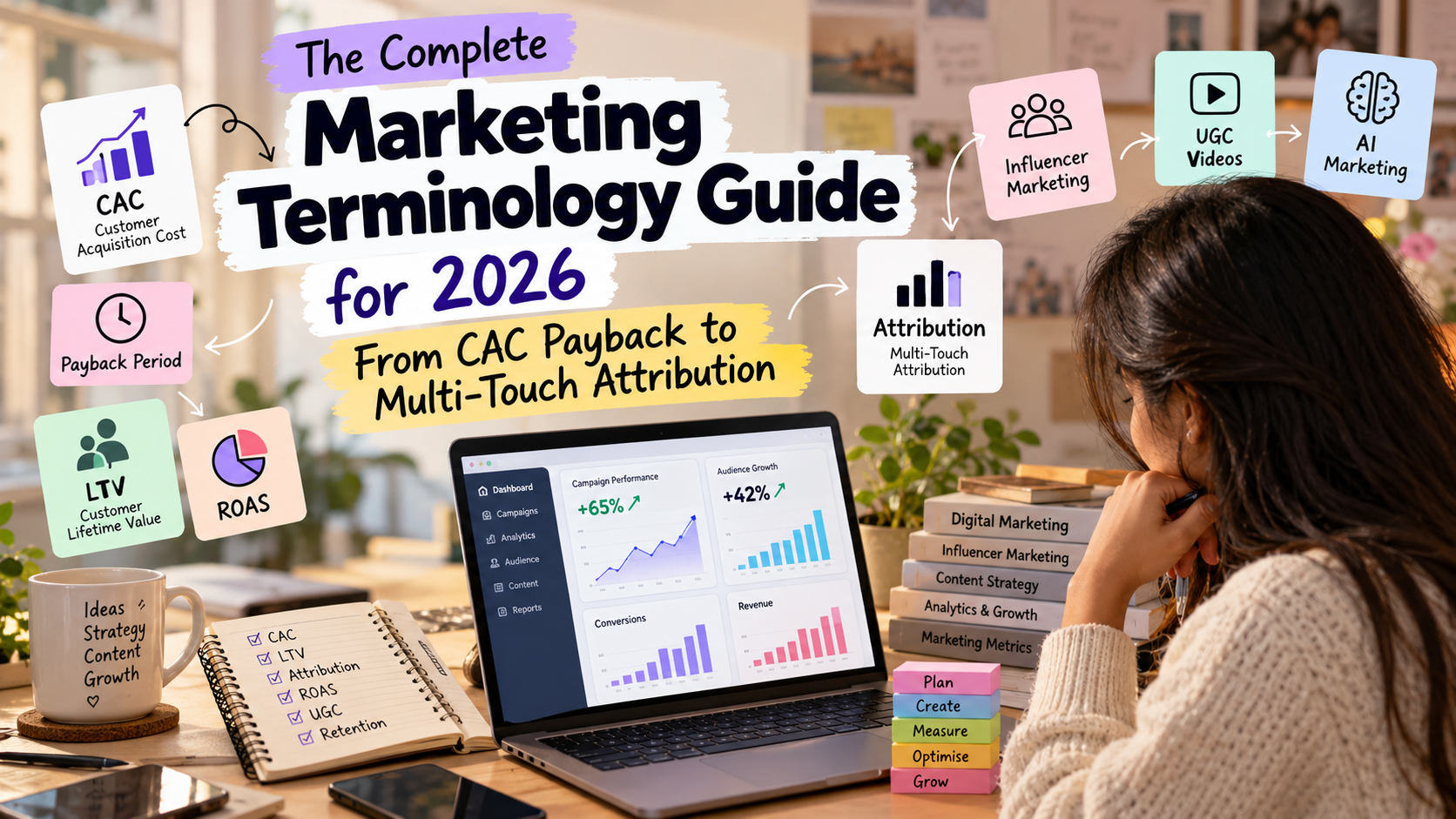 The complete marketing terminology guide for 2026 covering CAC payback, customer lifetime value, ROAS, multi-touch attribution, influencer marketing, UGC videos, and AI marketing.