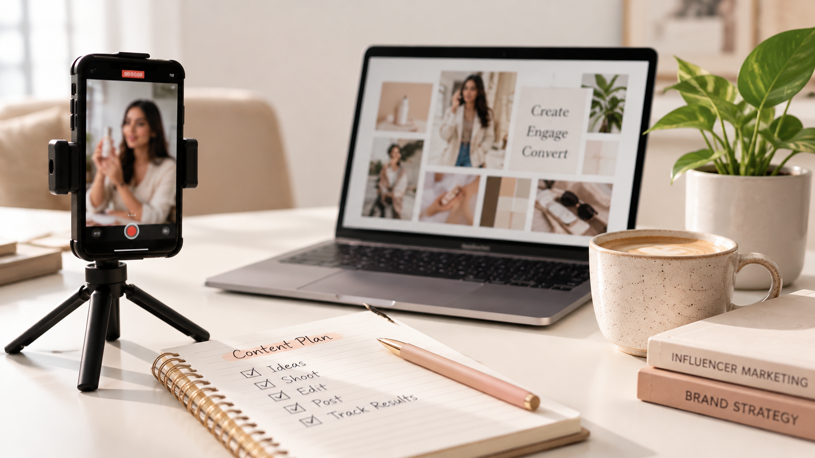 Minimal creator workspace with a smartphone recording content, a laptop displaying a creative mood board, and a content planning notebook.