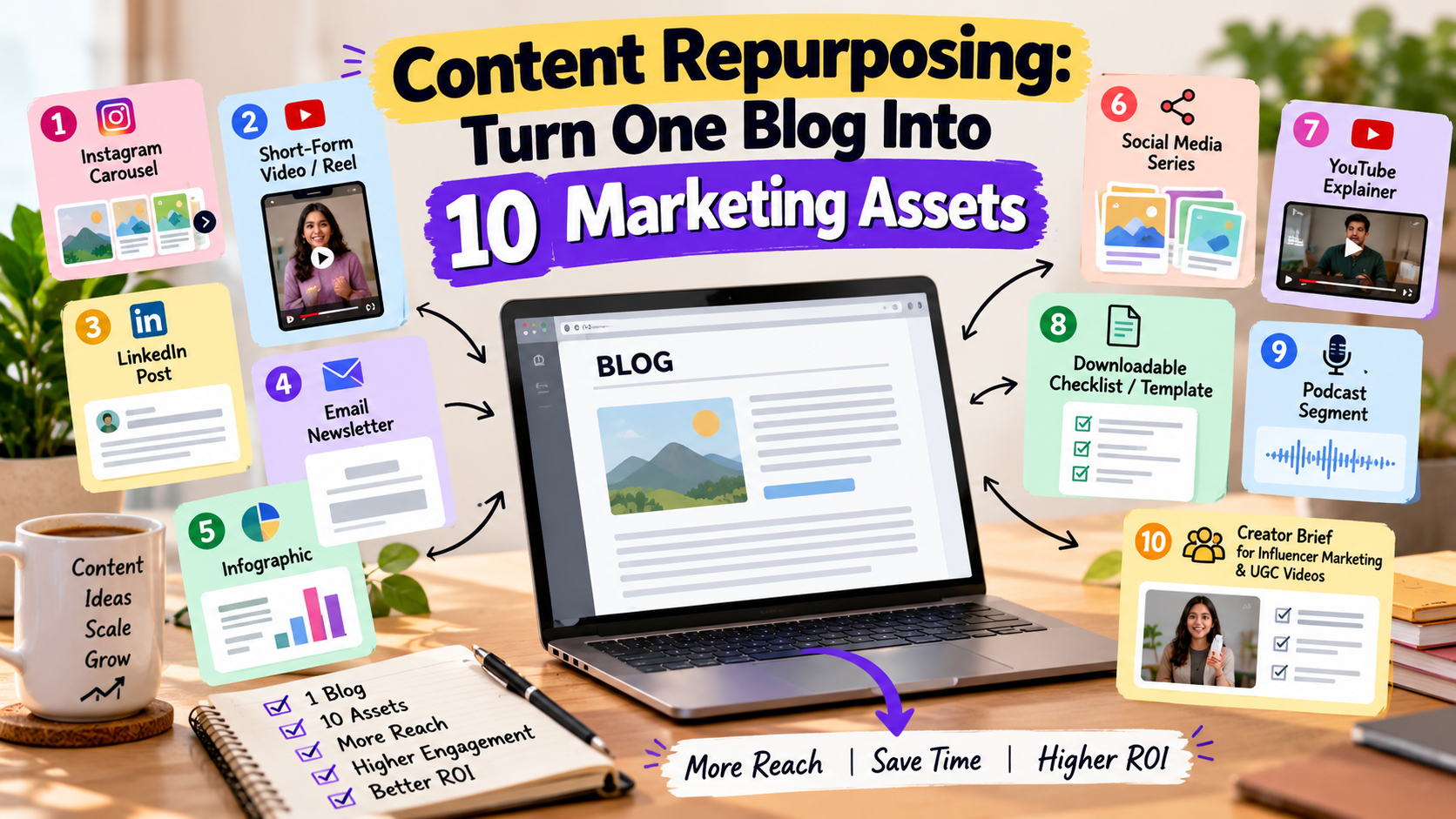 Content repurposing infographic showing one blog transformed into 10 marketing assets, including social posts, videos, email, and creator briefs.