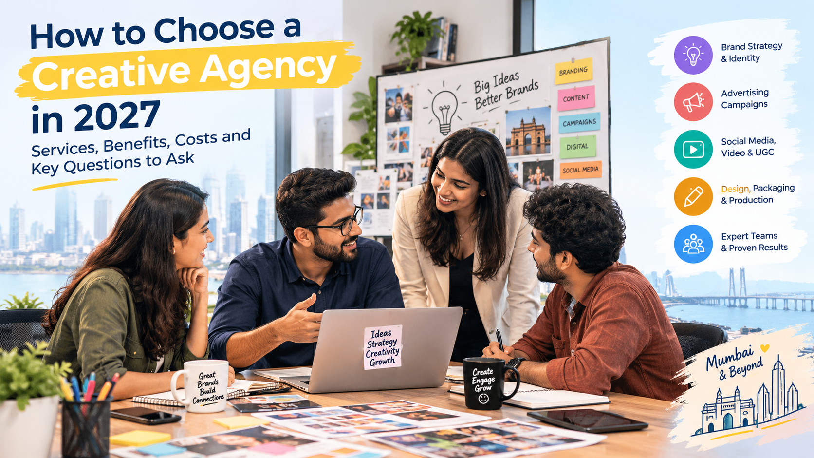 Creative team discussing branding, advertising campaigns, social media content and design services.