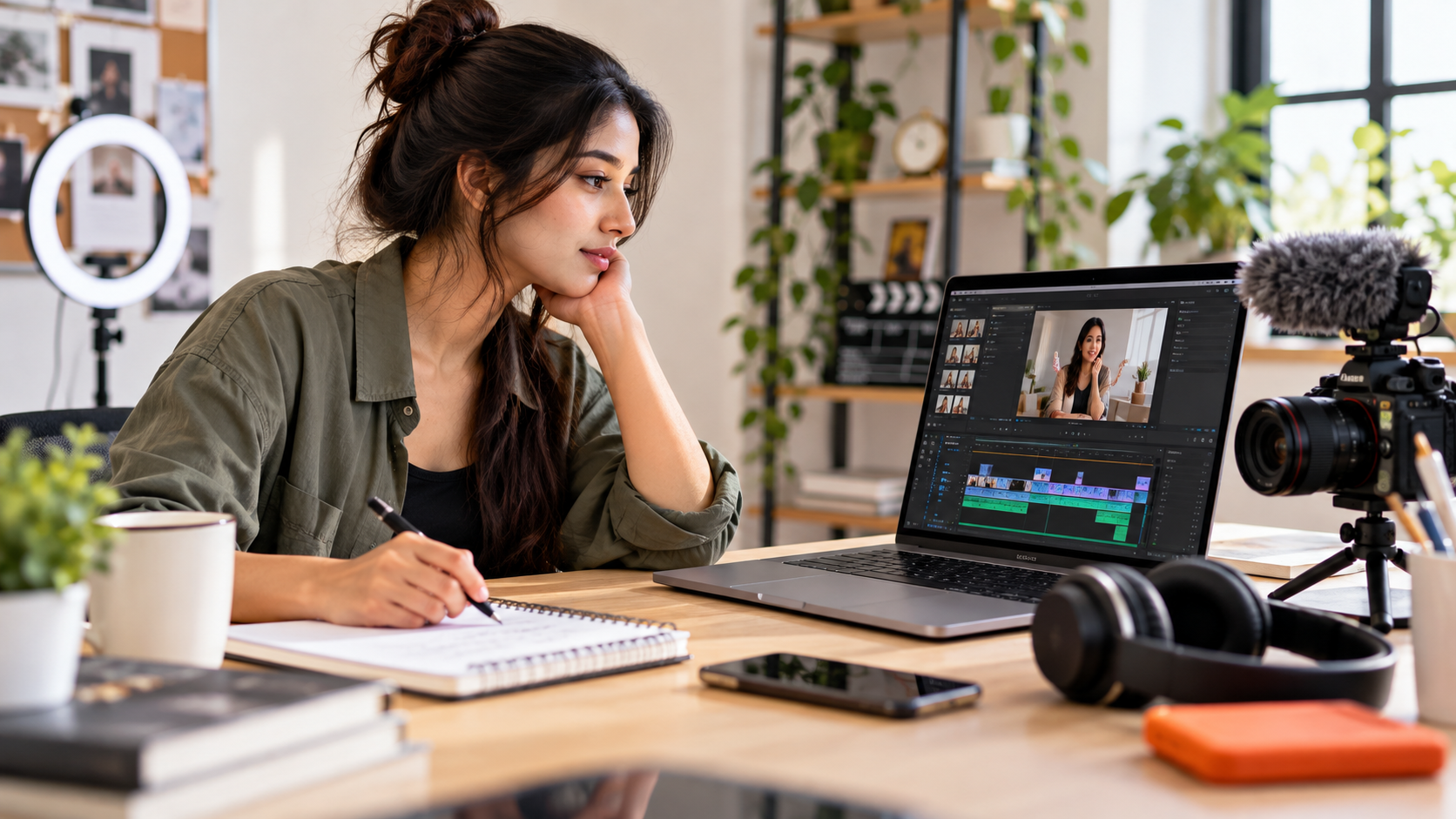 Solo content creator reviewing video edits on a laptop while preparing to hire a video editor.