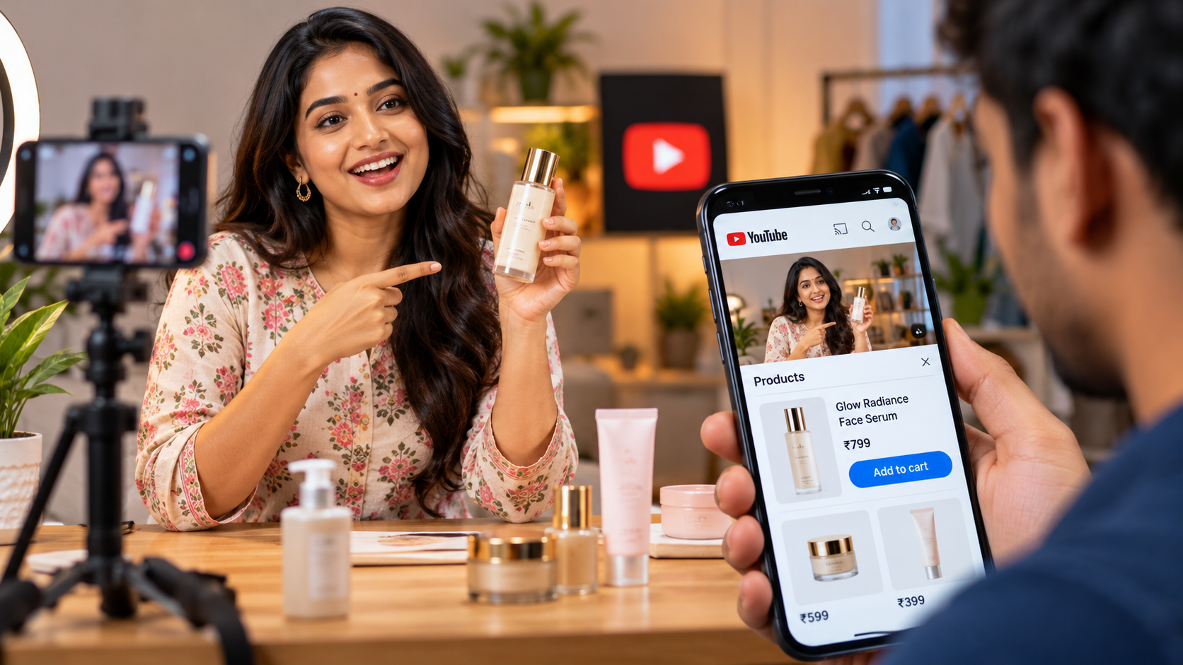 Indian creator demonstrating a product as a viewer explores YouTube Shopping.