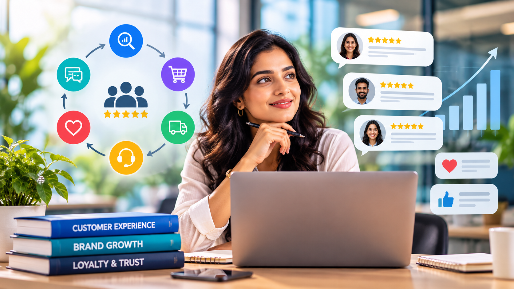 Business professional reviewing a customer-first strategy infographic showing customer journey mapping, feedback, team alignment, AI, and performance measurement.