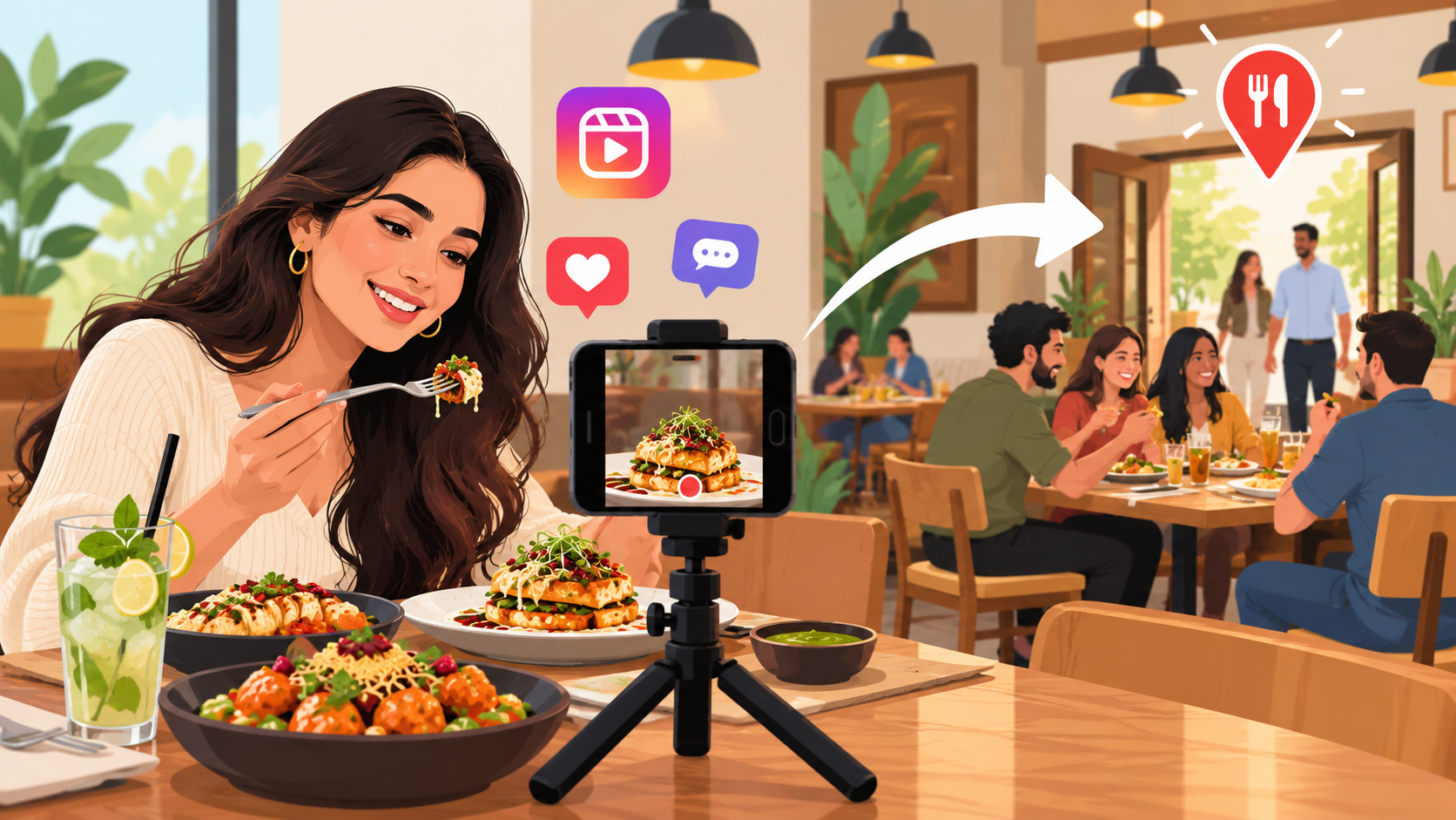 Food micro-influencers for restaurants filming dishes for Instagram Reels to attract local diners