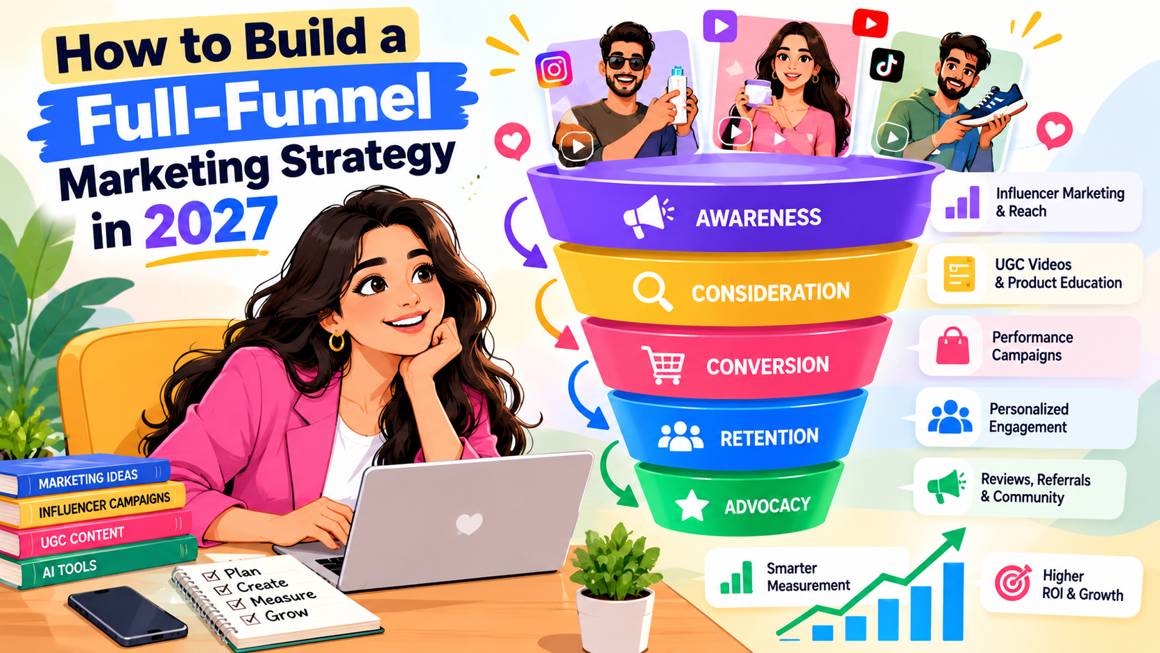 Full-funnel marketing strategy showing awareness, consideration, conversion, retention, and advocacy through digital marketing and creator content.