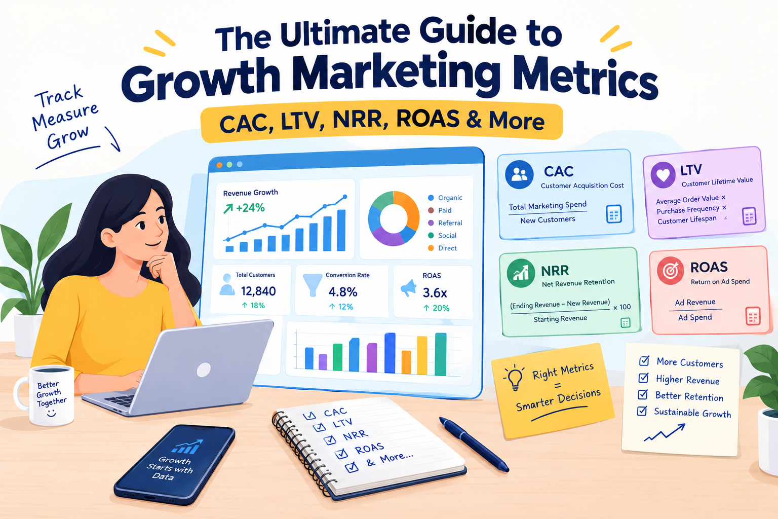 Growth marketing metrics dashboard showing CAC, LTV, NRR, ROAS, customer acquisition costs, conversion rates and revenue growth.