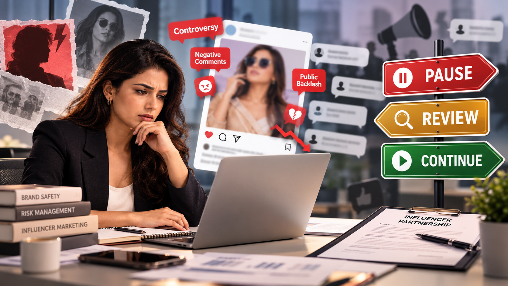 Marketing team reviewing influencer campaign risks and brand safety concerns