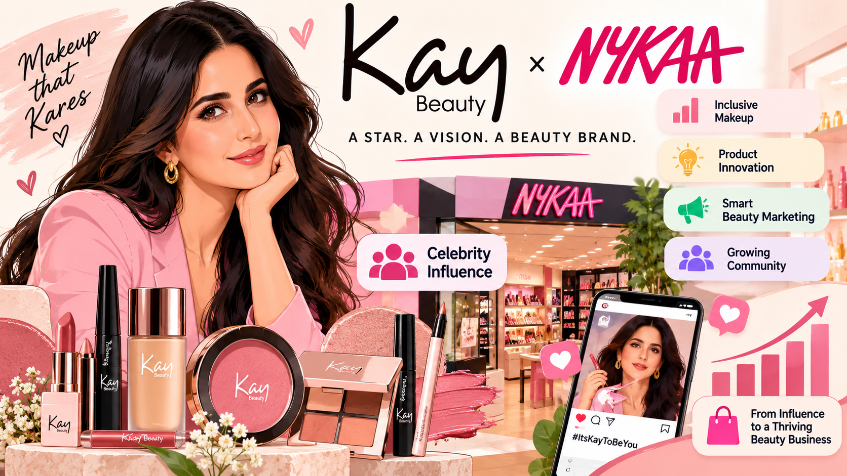 Kay Beauty makeup products and Nykaa partnership illustrating celebrity influence and inclusive beauty marketing.