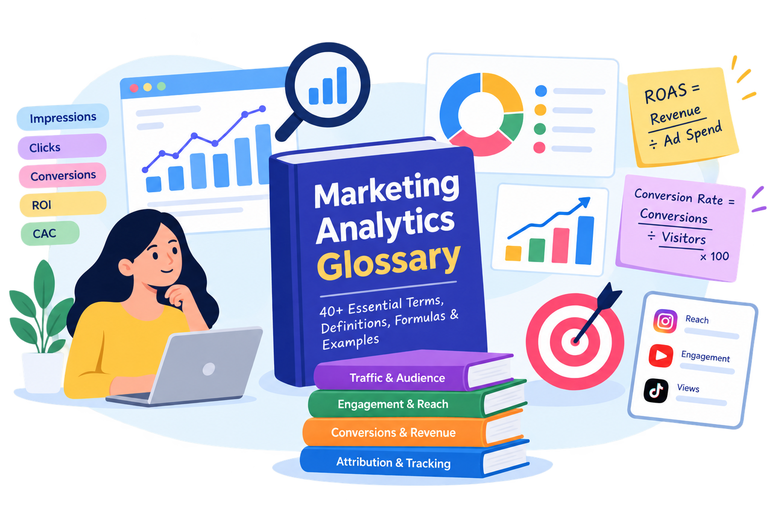 Marketing analytics glossary showing campaign metrics, conversion rates, attribution and ROI formulas.