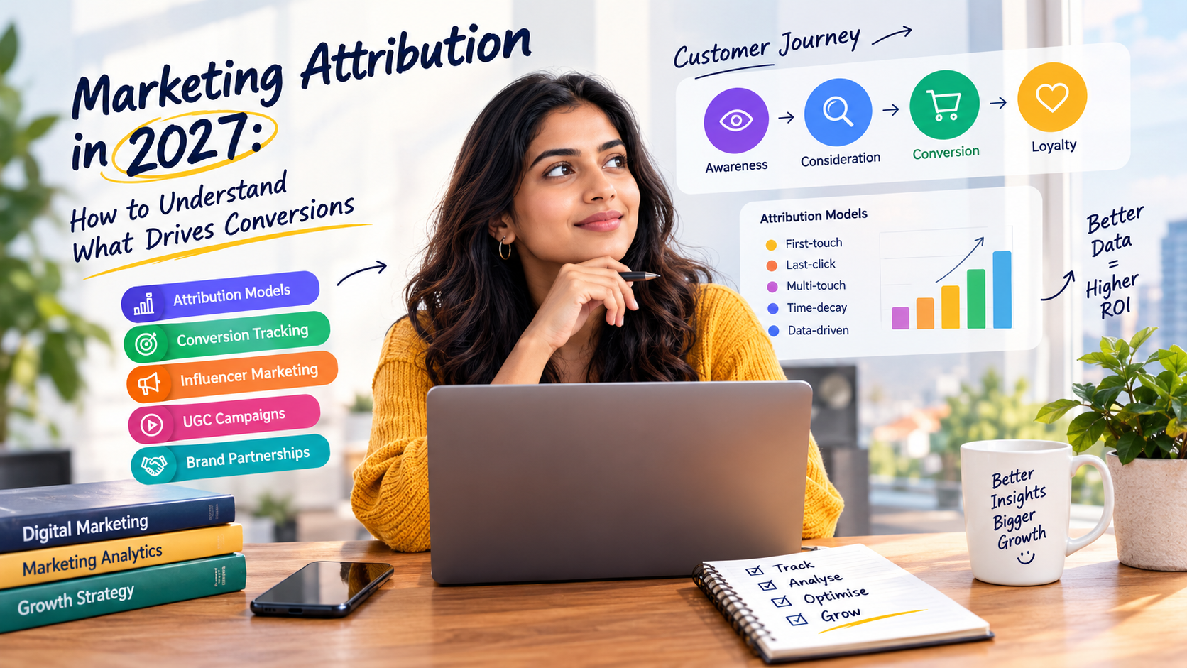 Marketing attribution in 2027 illustration showing a marketer analysing customer journeys, attribution models, conversion tracking, influencer marketing, UGC campaigns, and ROI.
