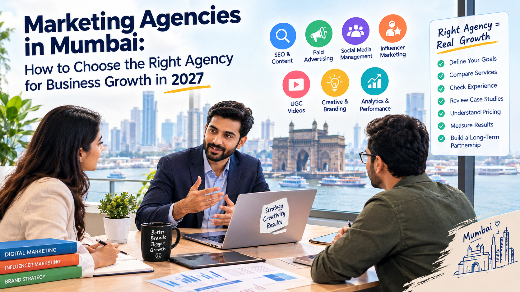 Marketing professionals discussing digital marketing services and agency selection in Mumbai for business growth in 2027.