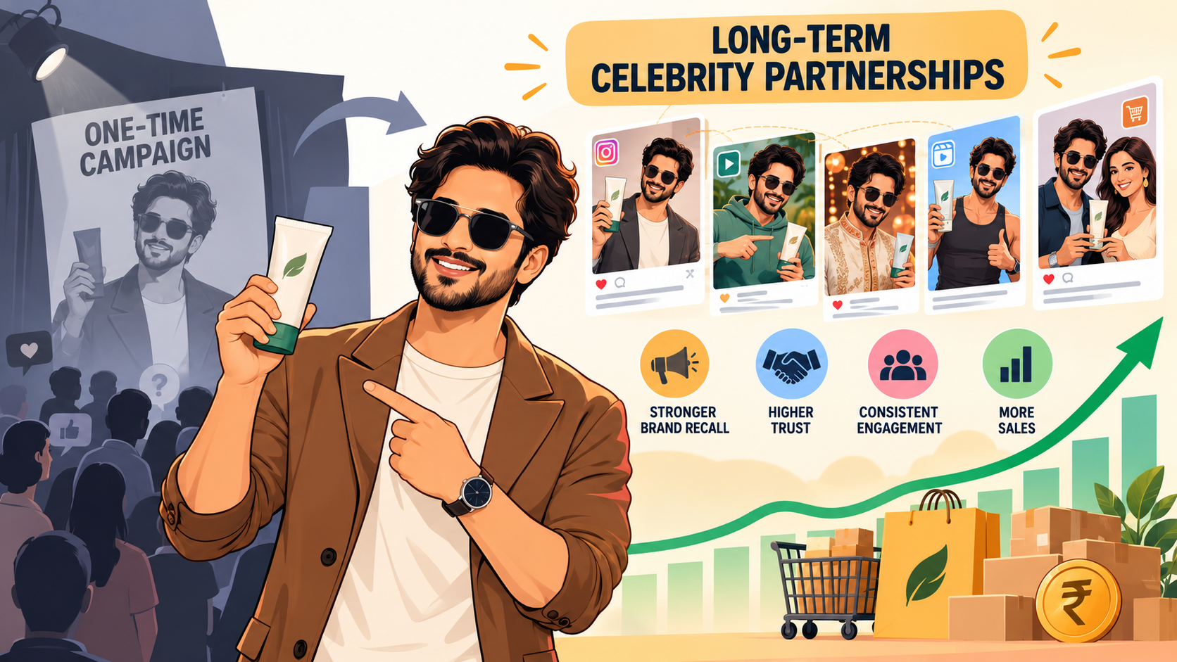 Illustration comparing one-time celebrity campaigns with long-term celebrity partnerships that build brand recall, trust, engagement, and sales.