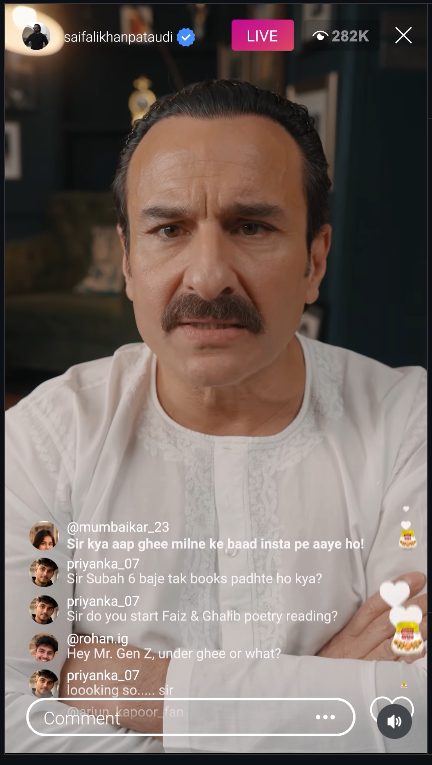 Saif Ali Khan in the Gowardhan Ghee Instagram reel featuring the reveal of ghee bottles.