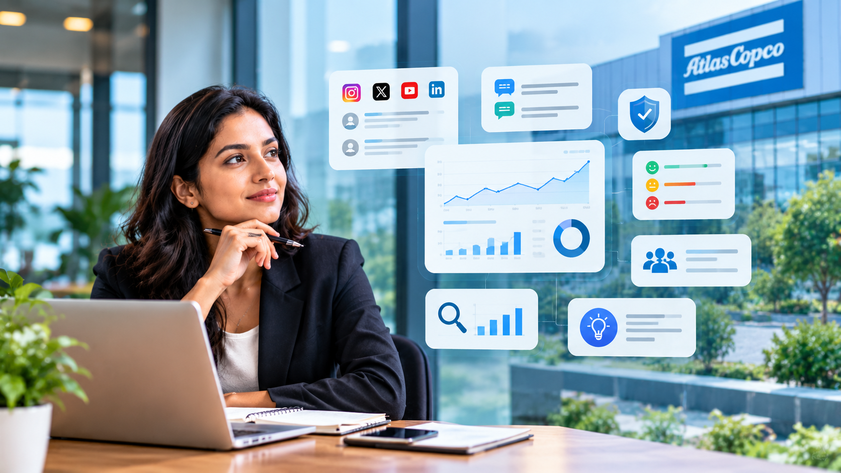 Professional analysing social listening dashboards, brand sentiment, and reputation risk signals in a modern corporate office.