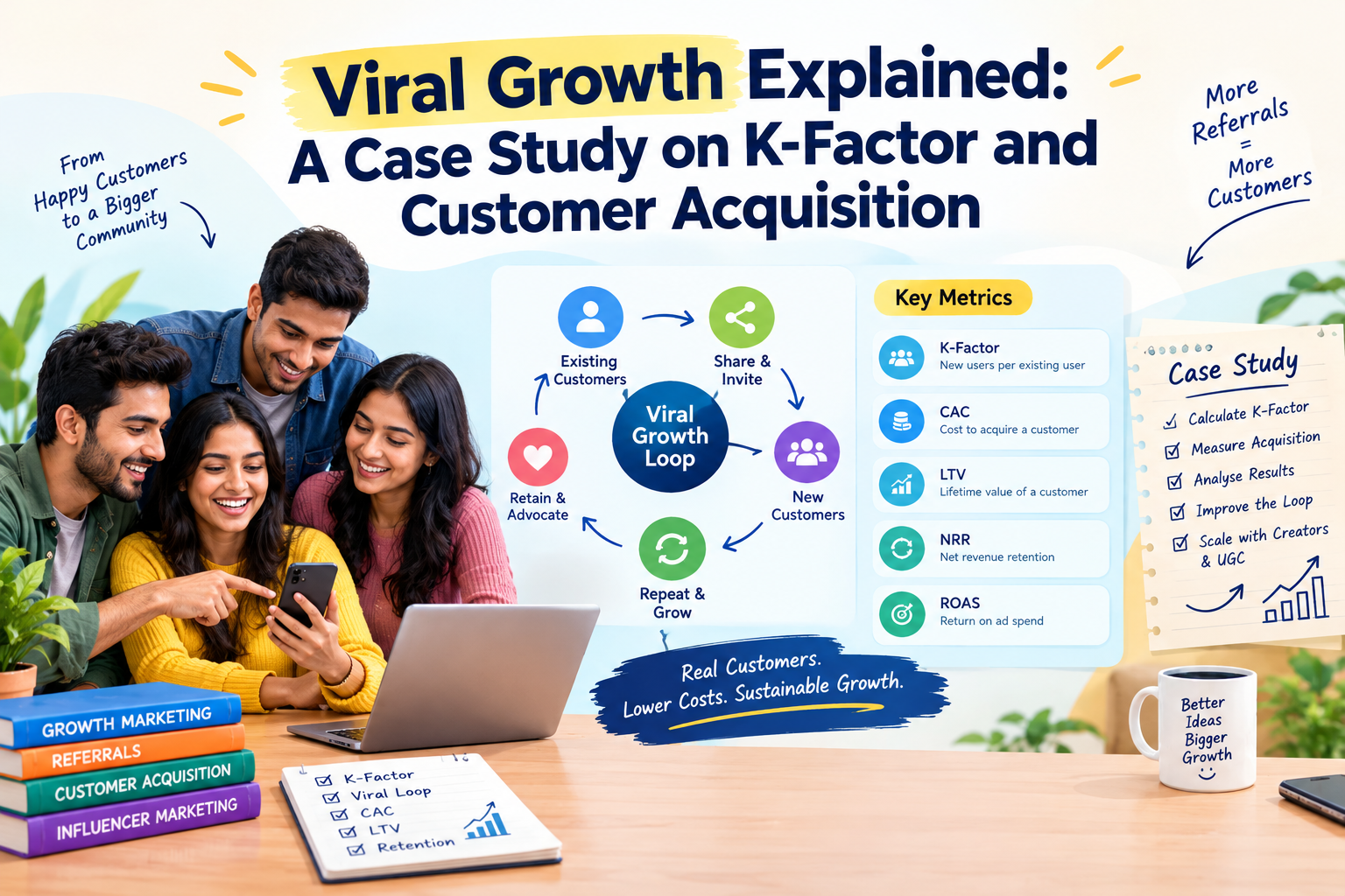 Viral growth diagram showing the K-factor formula, customer referrals, conversion rates, and acquisition growth.