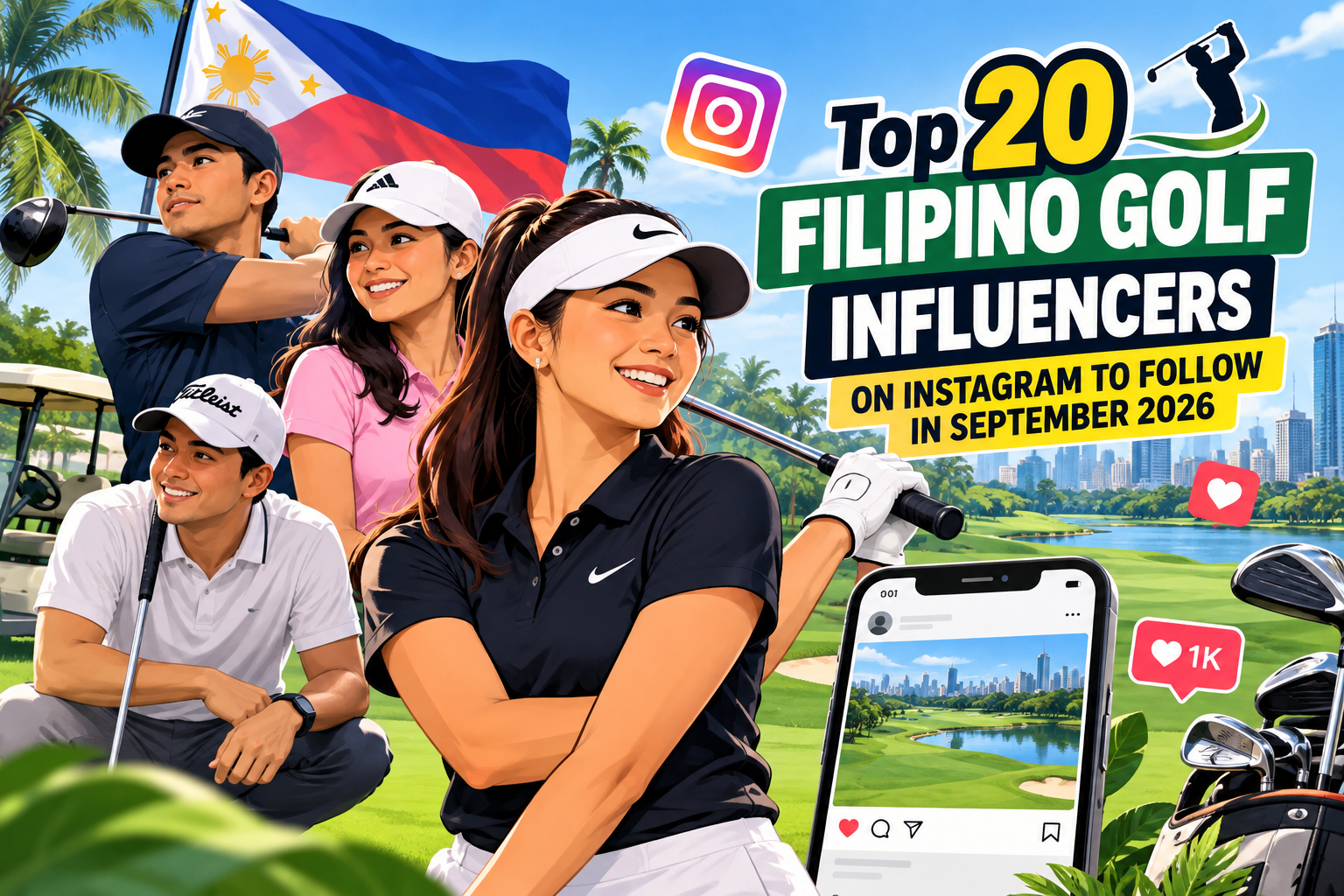Filipino golf influencers playing golf on a tropical course with Instagram social media elements