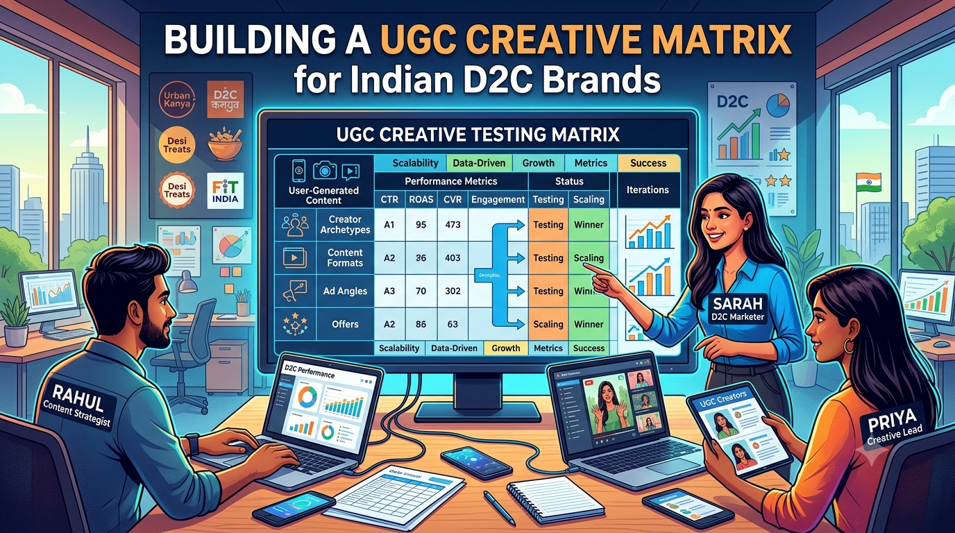 UGC creative testing matrix for D2C brands showing creator videos, ad performance metrics, and creative testing strategies